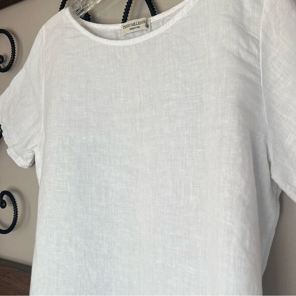 Terzo Millennio Italian Linen Crocheted Short Sleeve Crisp White Tunic Blouse - Picture 3 of 10